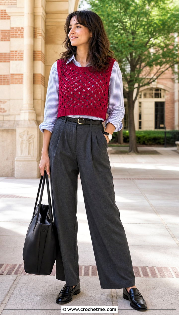 Red Crochet Vest With Button Down Shirt - 15 red crochet clothing design outfit ideas