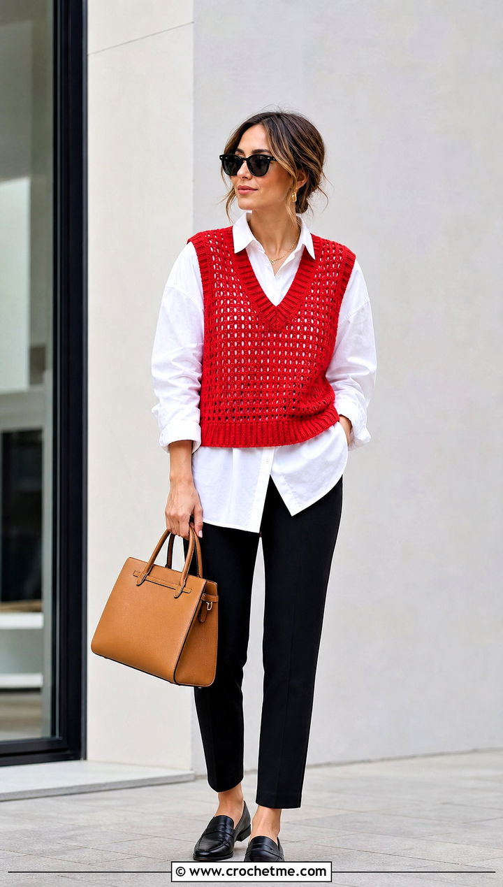 Red Crochet Vest With White Button Down Shirt - 20 red crochet clothing and outfit ideas