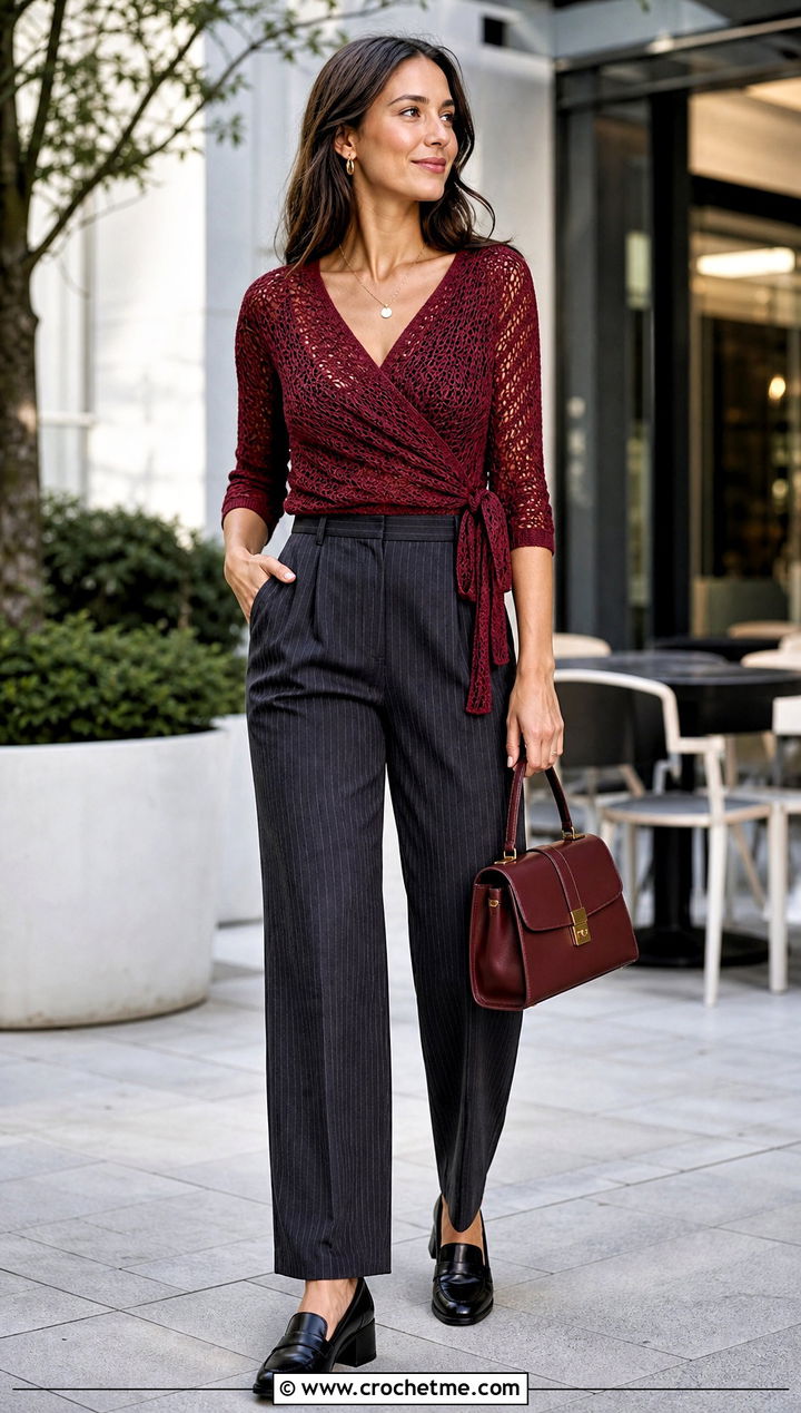Red Crochet Wrap Top With Pinstripe Trousers - 15 handmade red crochet top outfit ideas