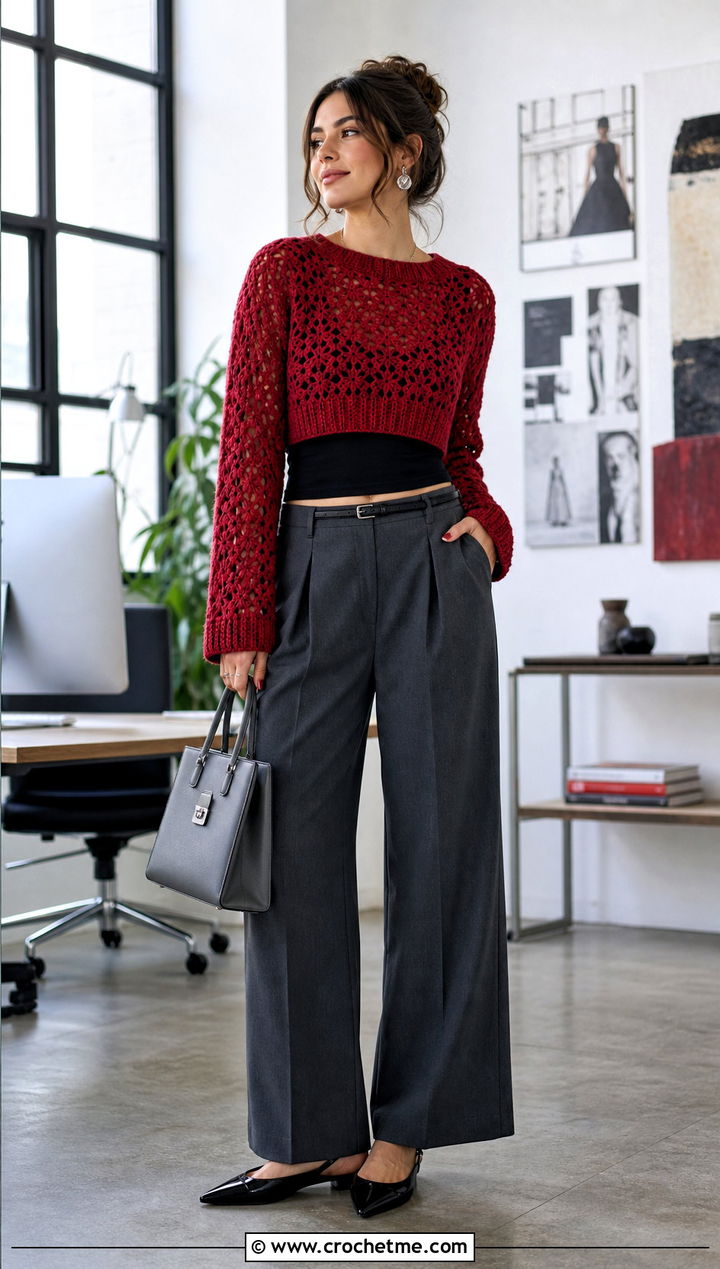 Red Cropped Crochet Sweater With Wide Leg Trousers - 15 Red Crochet Sweater On Hanger outfit ideas