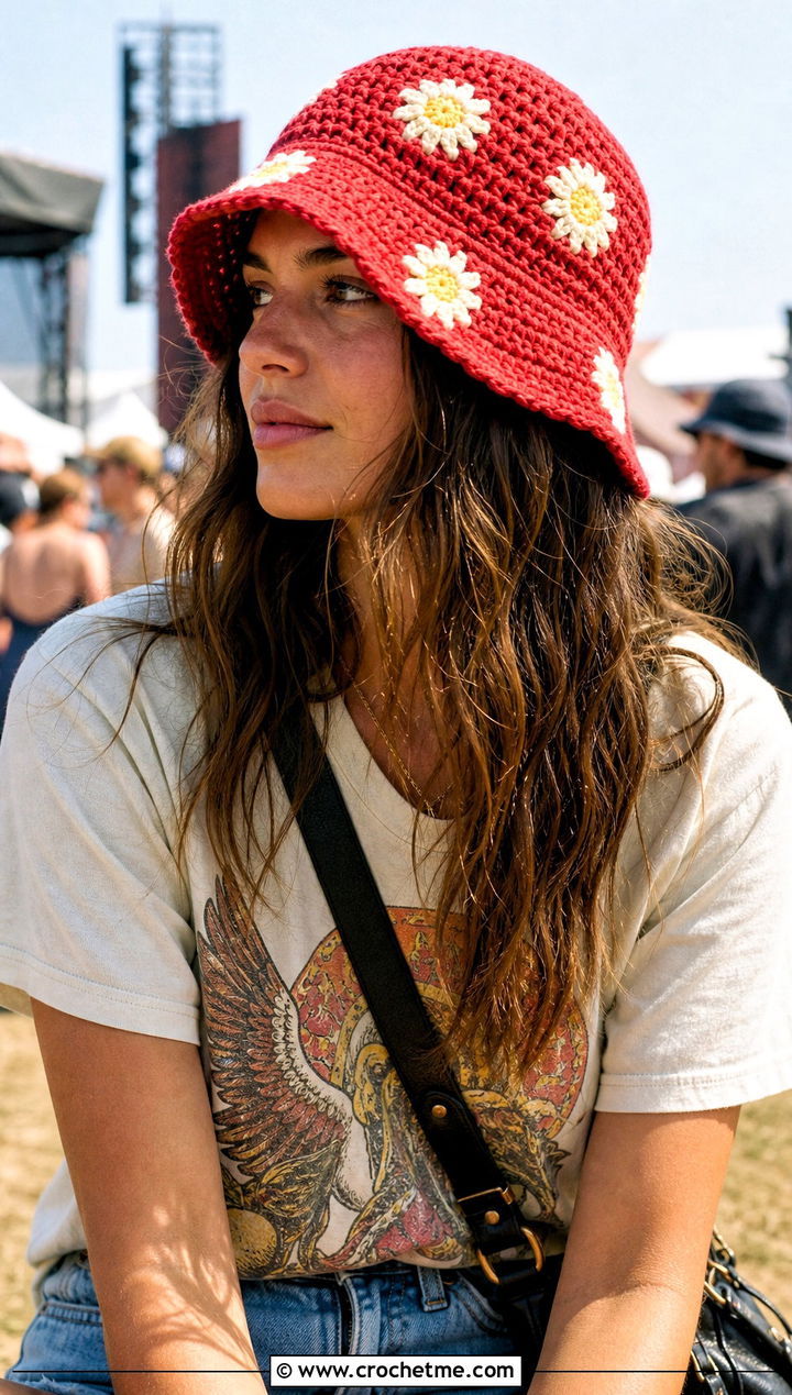 Red Daisy Crochet Bucket Hat With Graphic T Shirt And Denim Shorts - 30 red crochet bucket hat outfit ideas