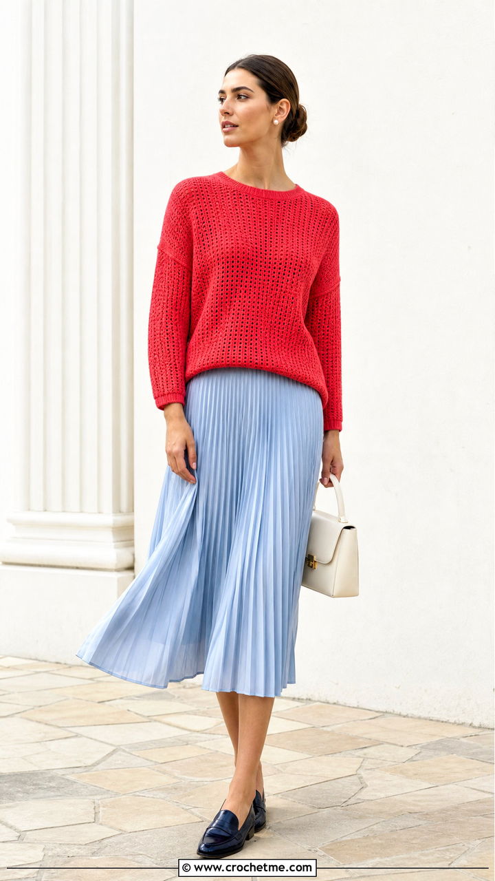 Red Drop Shoulder Crochet Sweater With Pleated Midi Skirt - 35 red crochet sweater outfit ideas