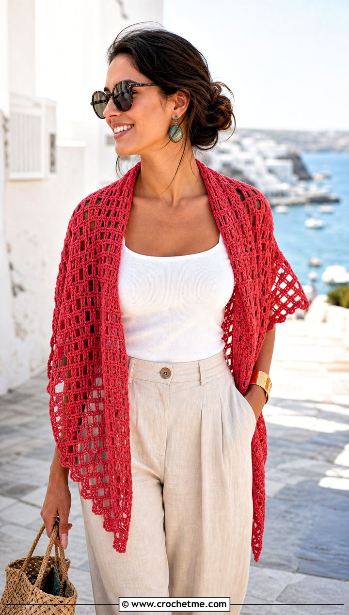 Red Filet Crochet Shawl With Linen Pants - 15 red crochet shawl outfit ideas