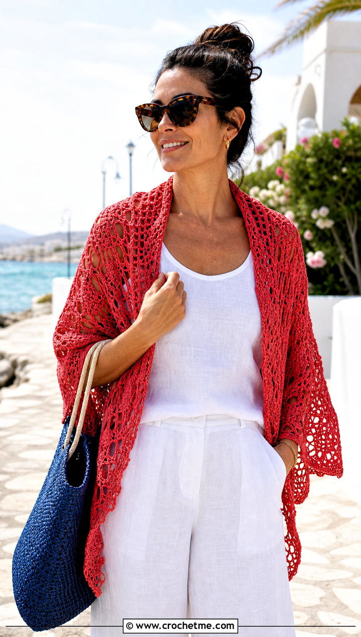 Red Filet Crochet Shawl With Linen Set - 15 Red Crocheted Shawl On Hanger outfit ideas
