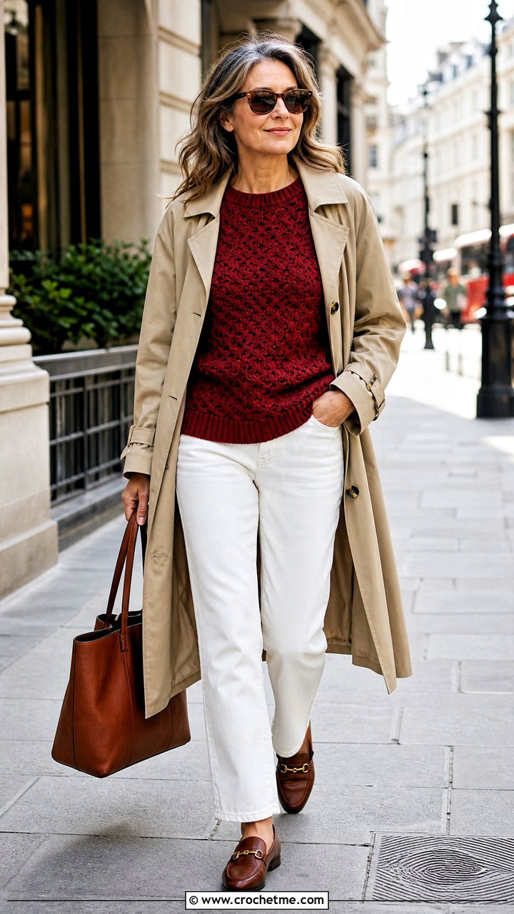 Red Fisherman Crochet Sweater With White Jeans And Trench Coat - 35 red crochet sweater outfit ideas