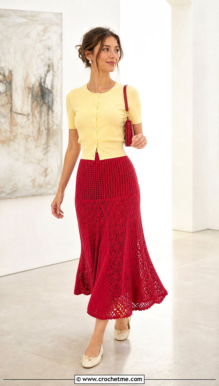 Red Flared Crochet Skirt With Fitted Cardigan - 15 red crochet skirt outfit ideas