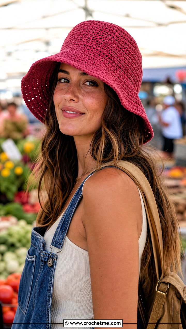 Red Floppy Crochet Bucket Hat With Denim Overalls - 30 red crochet bucket hat outfit ideas