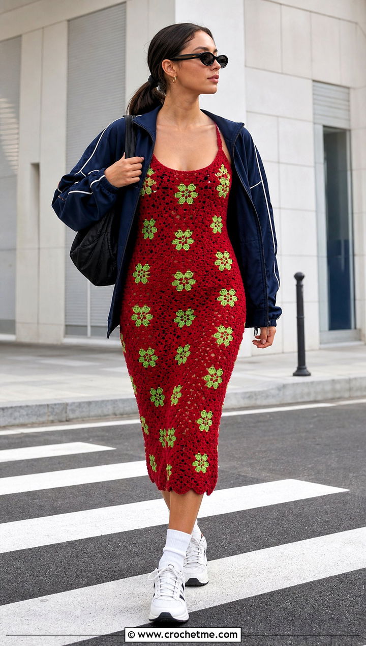 Red Floral Crochet Bodycon Dress With Sporty Layers - 15 red floral crochet dress outfit ideas