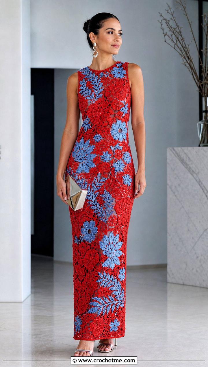 Red Floral Crochet Column Dress With Evening Accessories - 15 red floral crochet dress outfit ideas