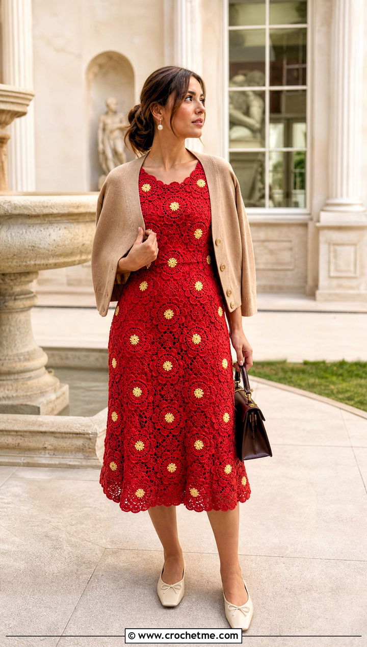 Red Floral Crochet Fit And Flare Dress With Ballet Flats - 15 red floral crochet dress outfit ideas