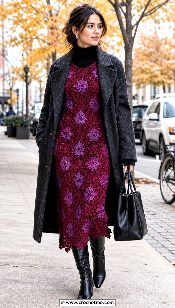 Red Floral Crochet Long Sleeve Dress With Knee High Boots - 15 red floral crochet dress outfit ideas