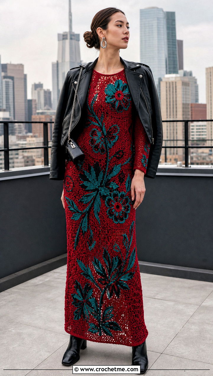 Red Floral Crochet Maxi Dress With Leather Jacket - 15 red floral crochet dress outfit ideas