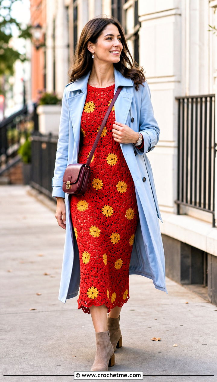 Red Floral Crochet Midi Dress With Trench Coat - 15 red floral crochet dress outfit ideas