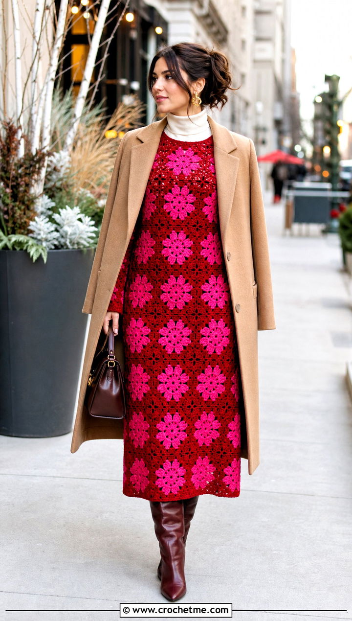 Red Floral Crochet Sweater Dress With Tailored Coat - 15 red floral crochet dress outfit ideas