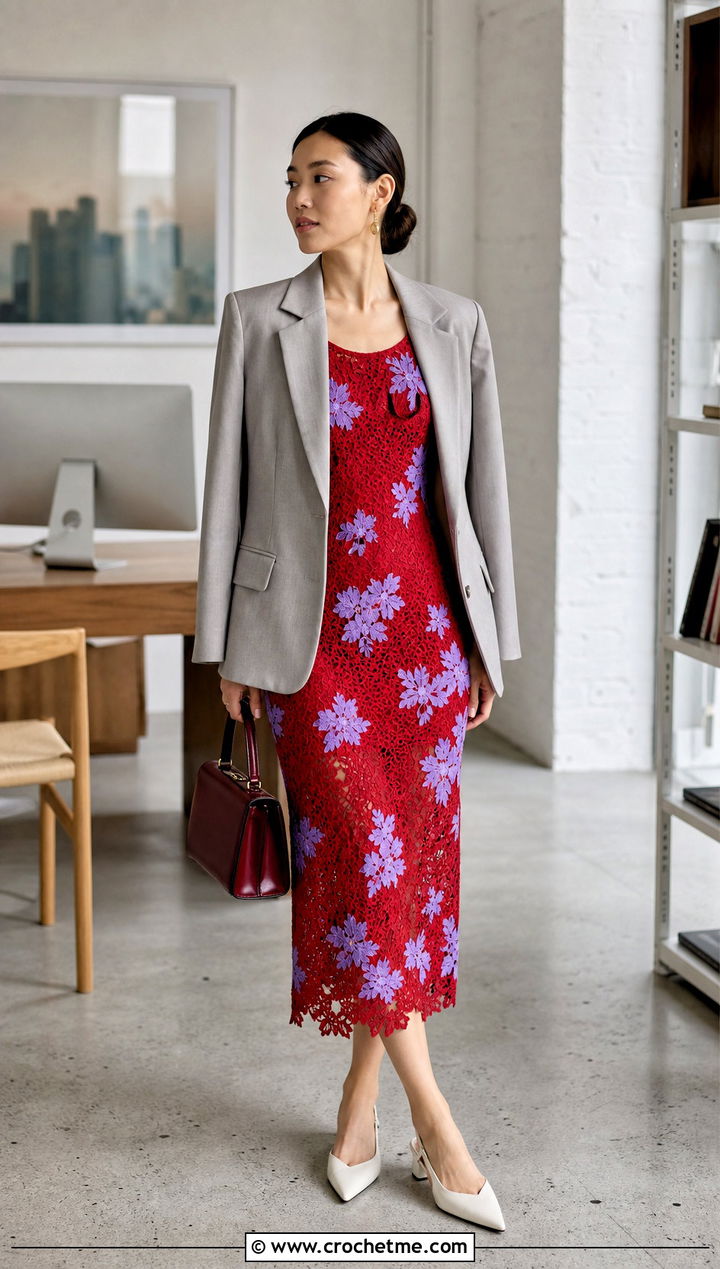 Red Floral Mesh Midi Dress With Tailored Blazer - 15 red floral crochet dress outfit ideas