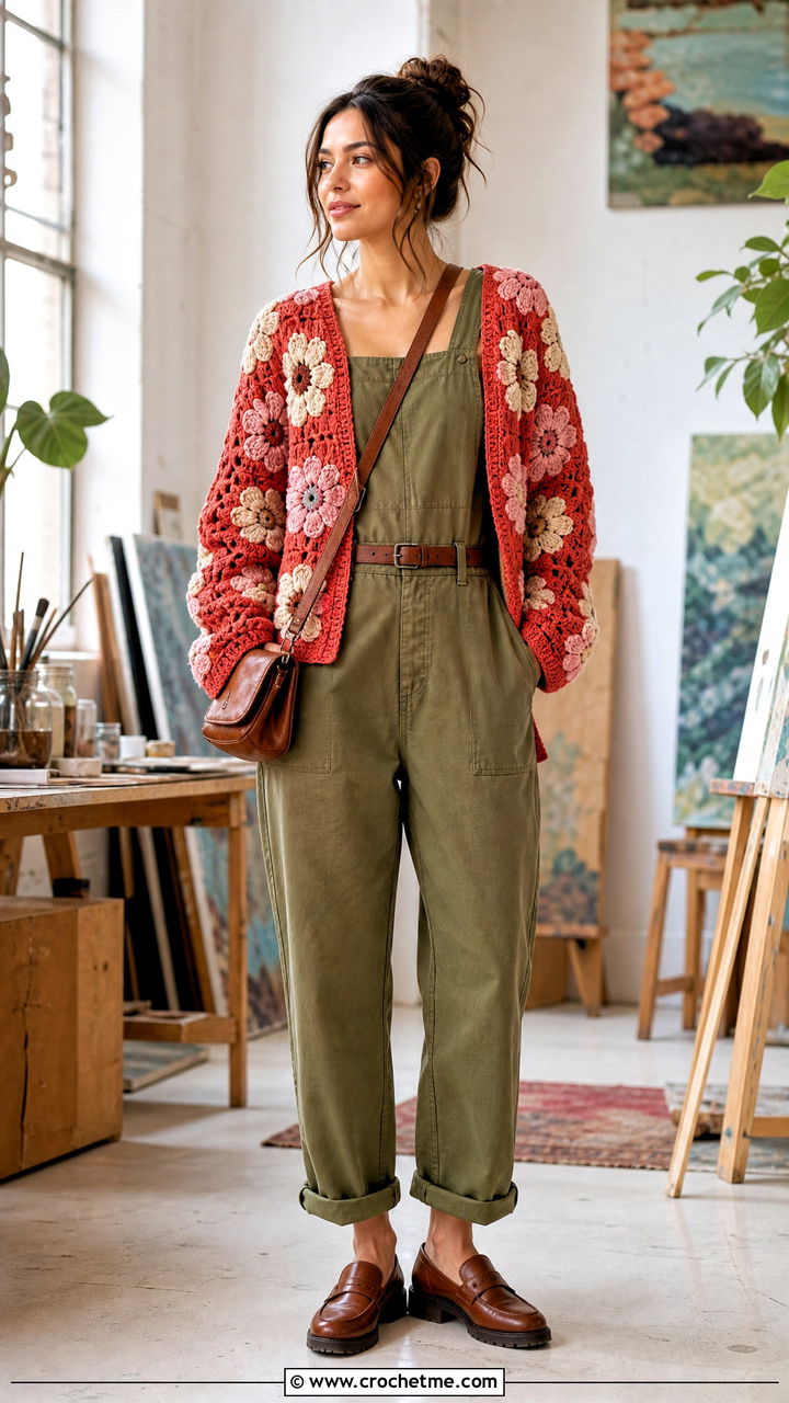 Red Floral Motif Crochet Sweater With Workwear Jumpsuit - 35 red crochet sweater outfit ideas