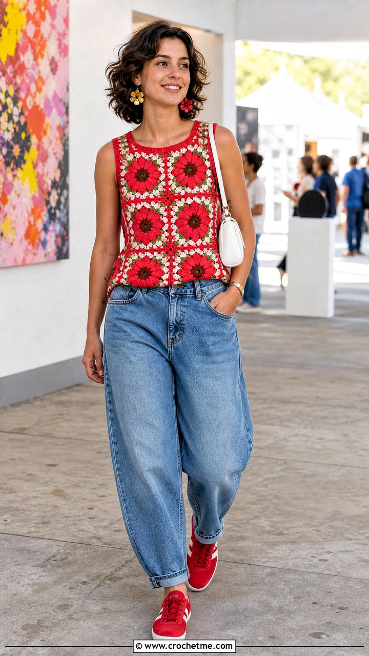 Red Floral Motif Crochet Top With Barrel Jeans - 35 Red Crochet Top outfit ideas