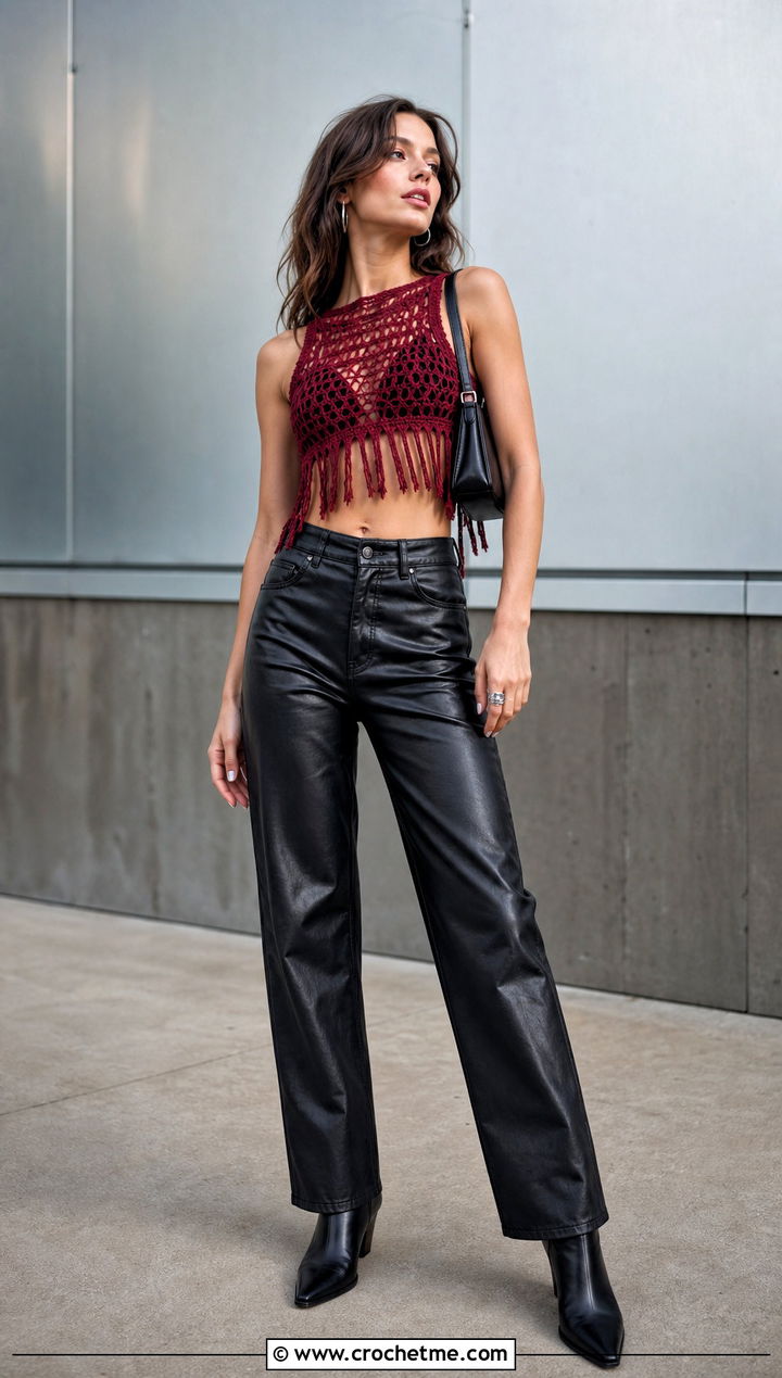 Red Fringe Crochet Crop Top With Leather Pants - 25 Red Crochet Crop Top outfit ideas