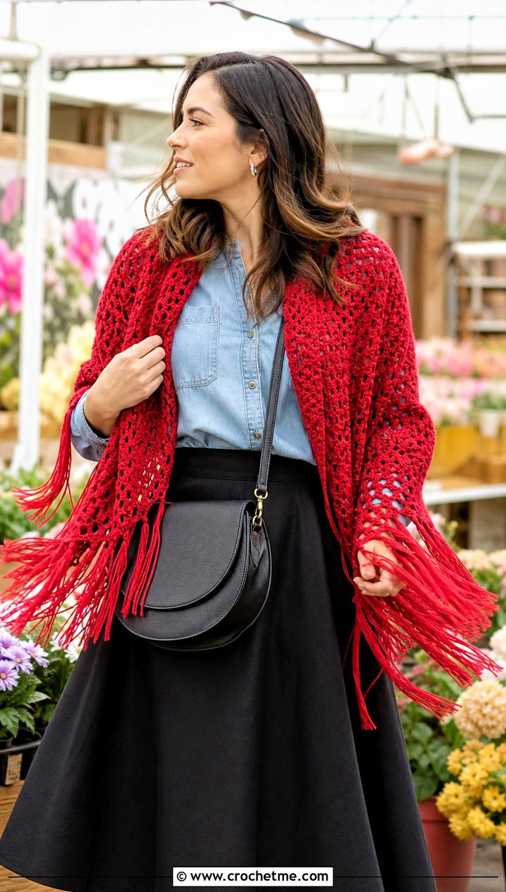 Red Fringe Crochet Shawl With A Denim Shirt - 15 red crochet shawl outfit ideas