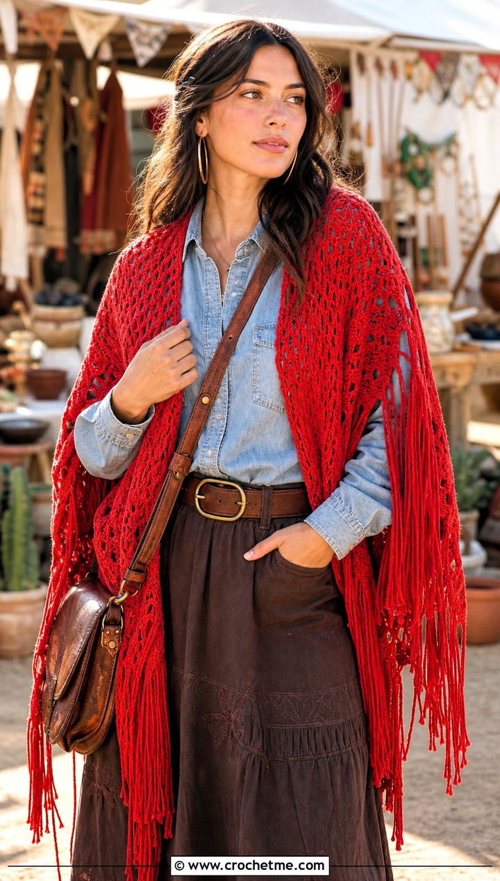Red Fringed Crochet Shawl With Denim Shirt - 15 Red Crocheted Shawl On Hanger outfit ideas