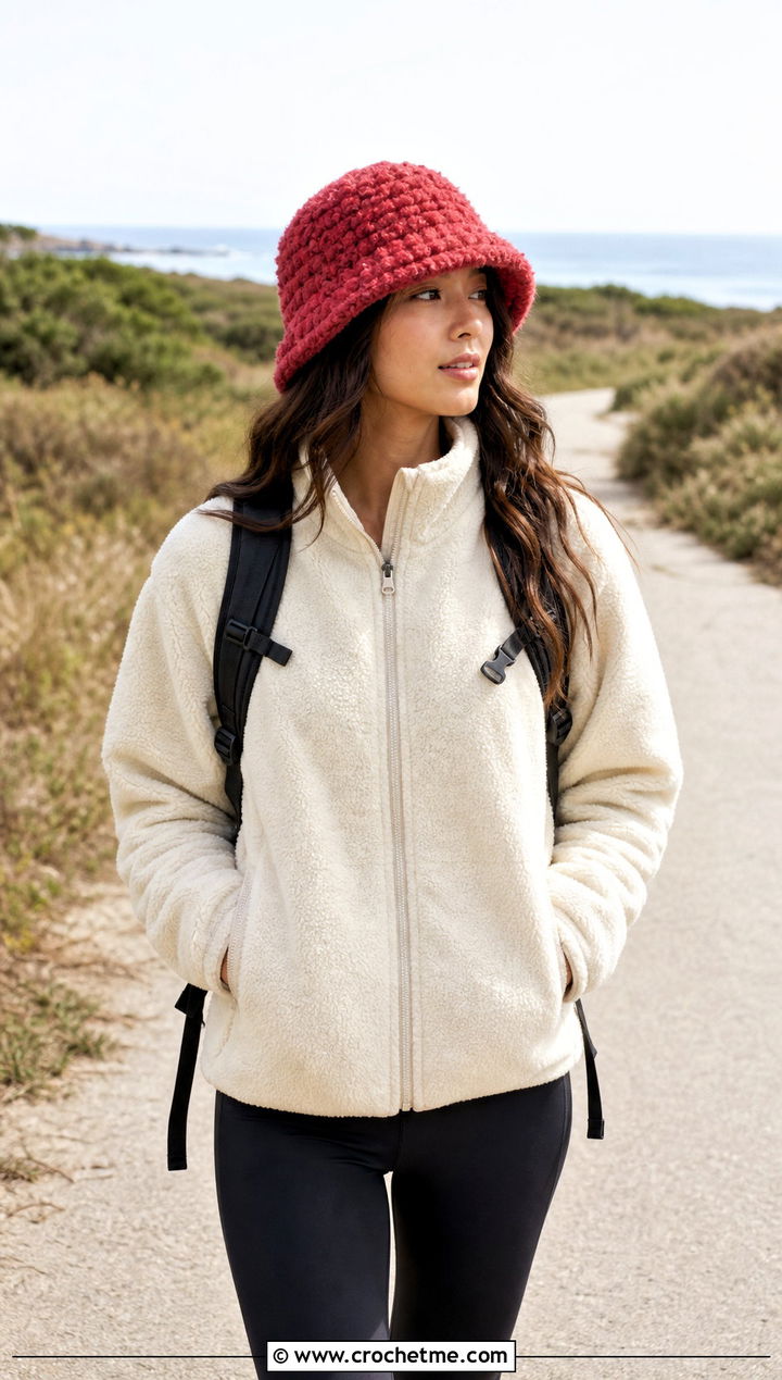 Red Fuzzy Crochet Bucket Hat With Fleece Jacket And Leggings - 30 red crochet bucket hat outfit ideas