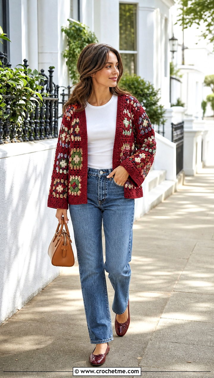 Red Granny Square Cardigan With Straight Leg Jeans - 15 red crochet clothing design outfit ideas