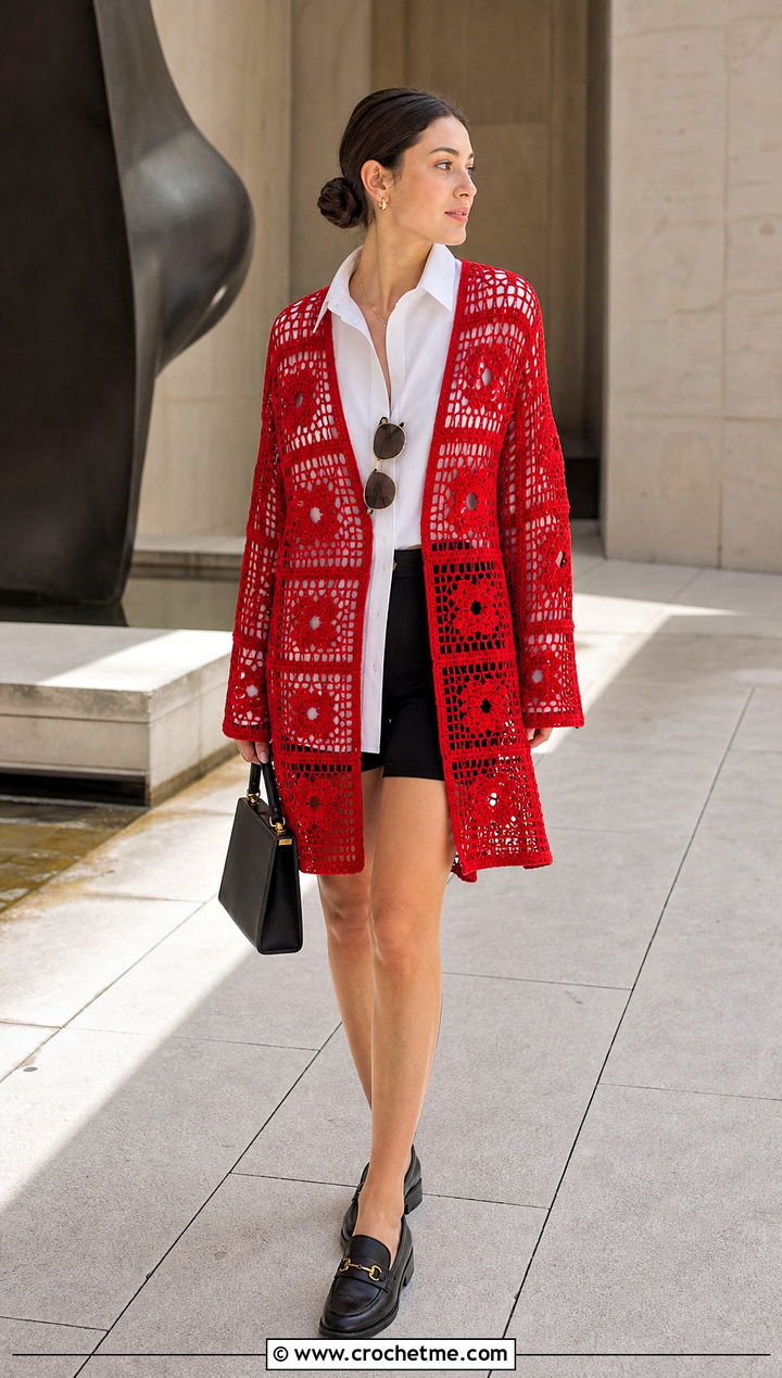 Red Granny Square Cover Up With White Shirt - 25 red crochet cover up outfit ideas