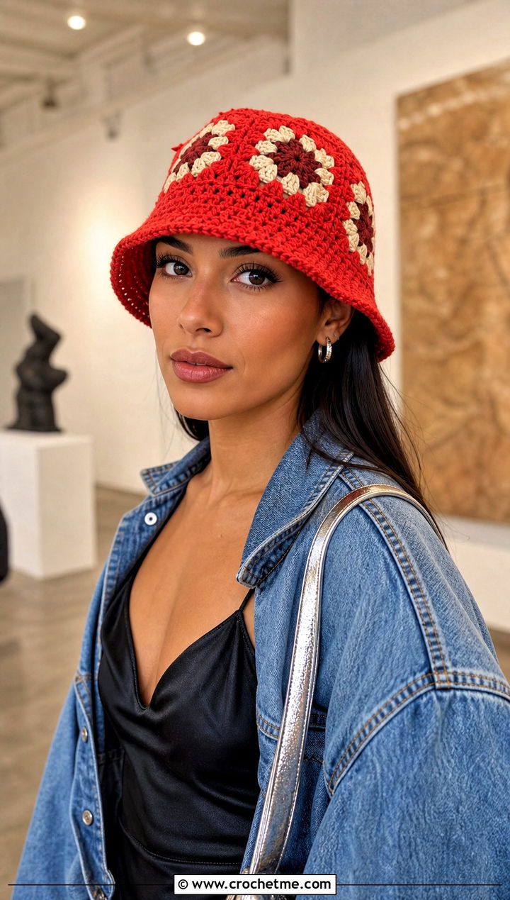 Red Granny Square Crochet Bucket Hat With Black Slip Dress - 30 red crochet bucket hat outfit ideas