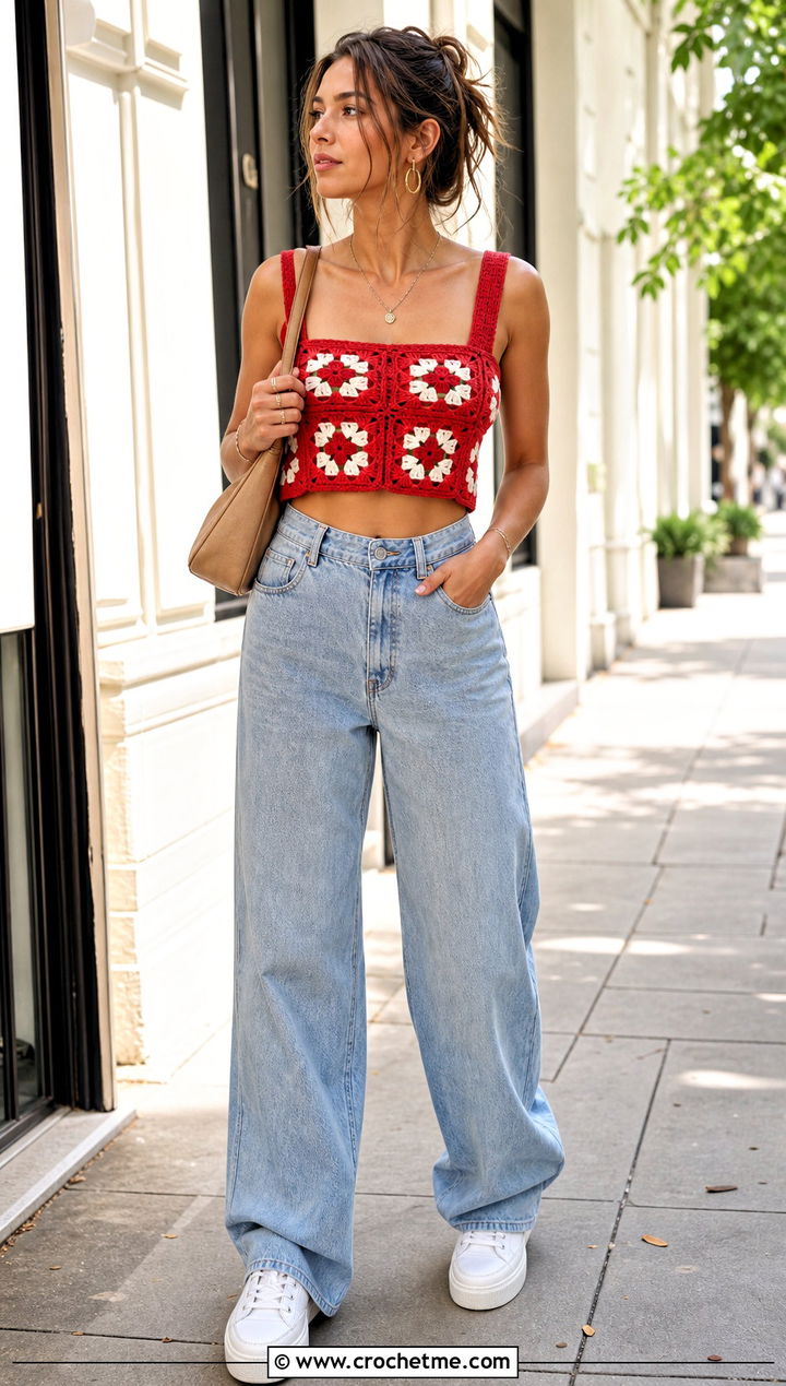 Red Granny Square Crochet Crop Top With Wide Leg Jeans - 25 Red Crochet Crop Top outfit ideas