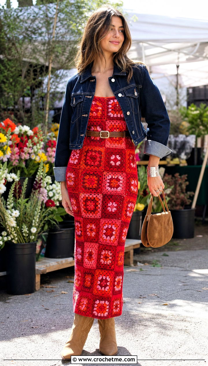 Red Granny Square Crochet Dress With Cowboy Boots - 15 Crochet Red Dress outfit ideas