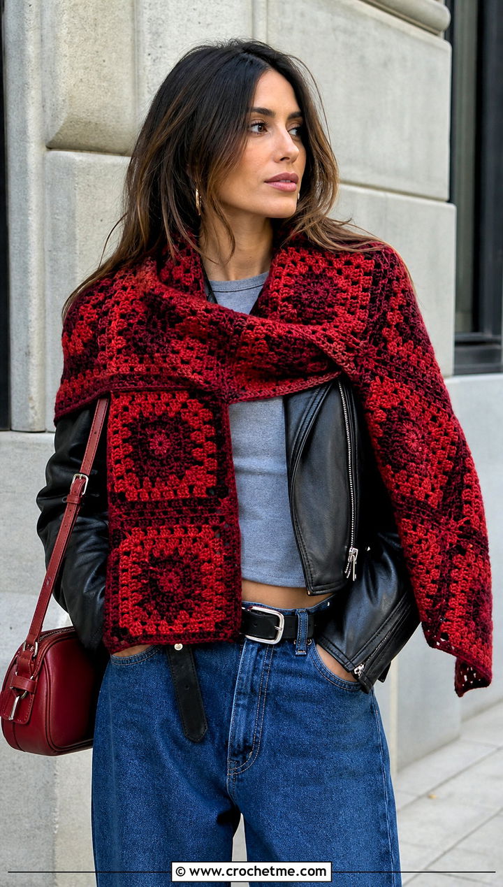 Red Granny Square Crochet Shawl With A Leather Jacket - 15 red crochet shawl outfit ideas