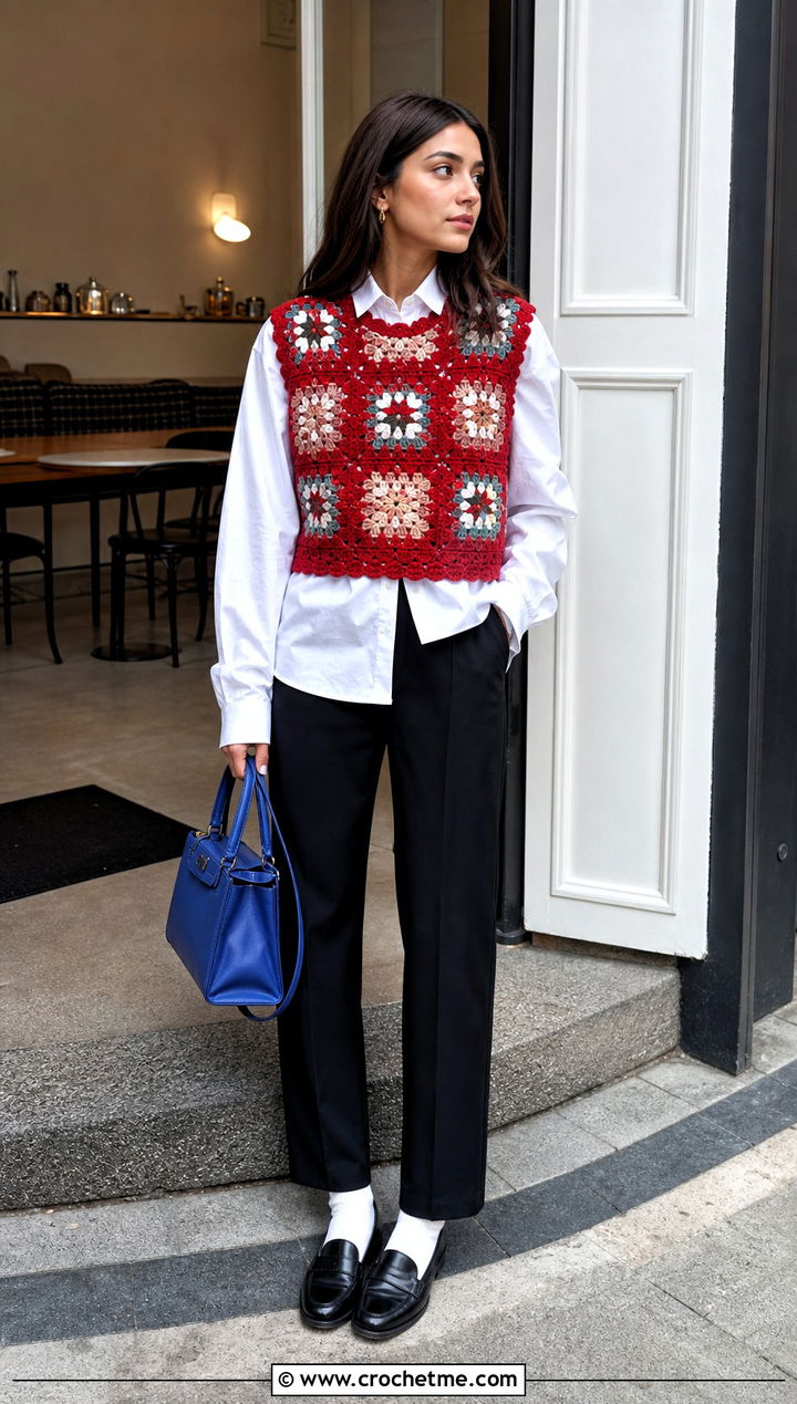 Red Granny Square Crochet Sweater Vest With White Poplin Shirt - 15 red crocheted sweater vest outfit ideas