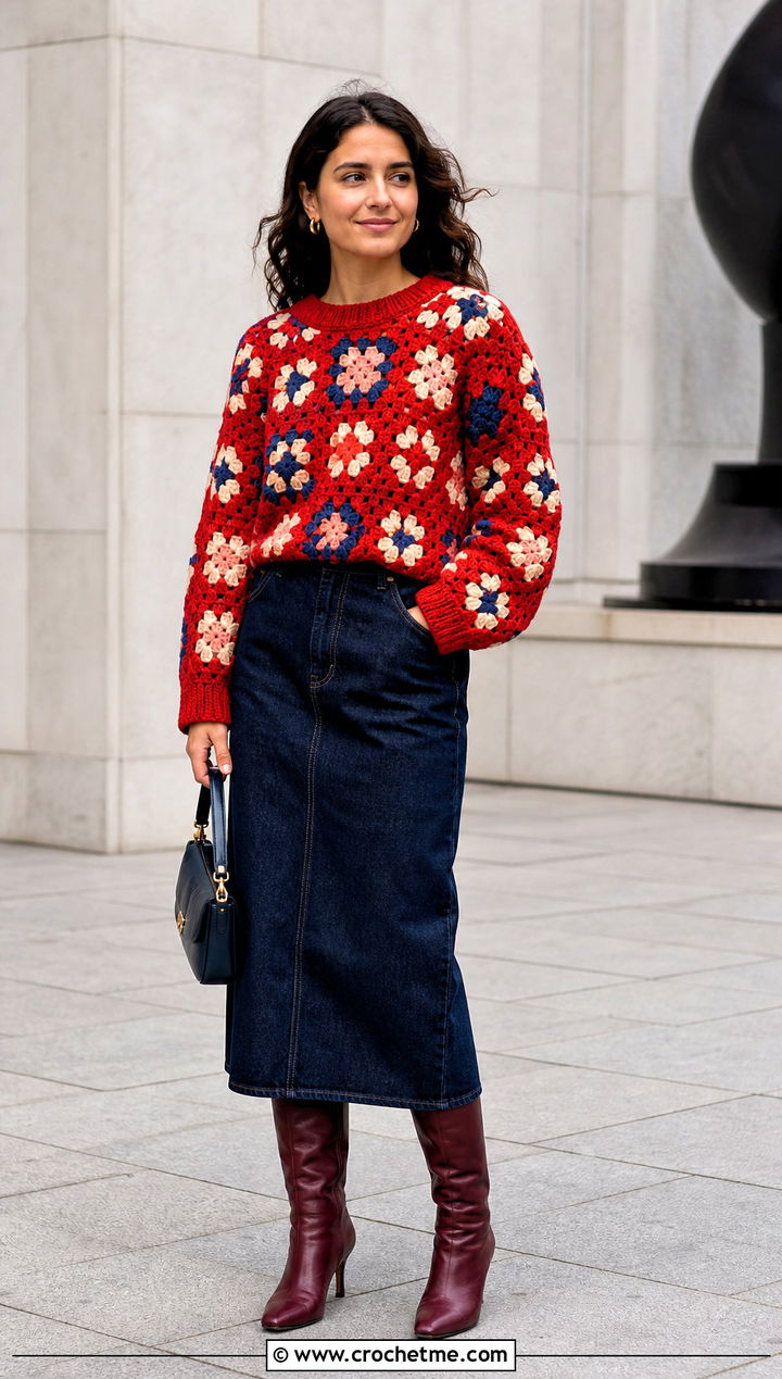 Red Granny Square Crochet Sweater With Denim Skirt - 15 Red Crochet Sweater On Hanger outfit ideas