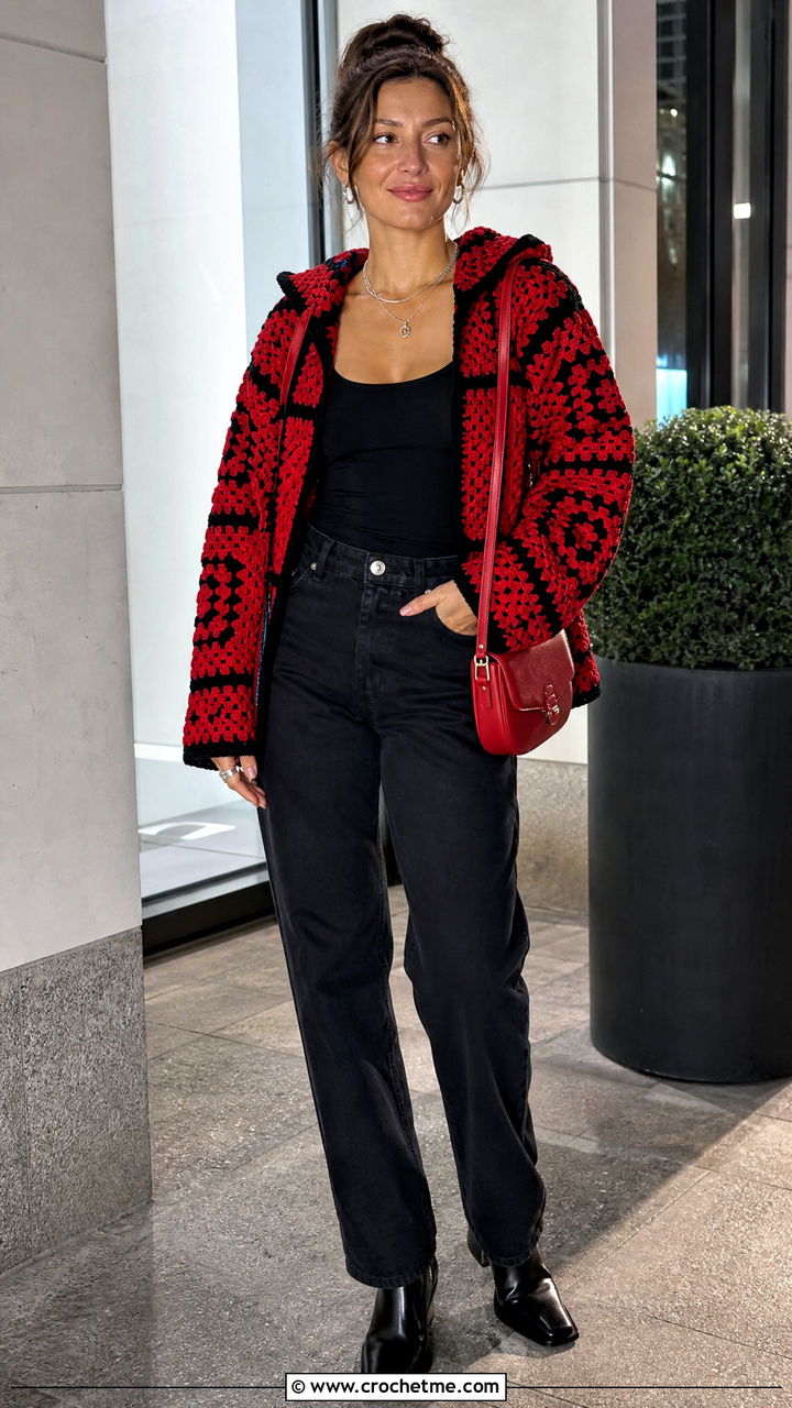 Red Granny Square Hoodie With Black Jeans - 35 granny square hoodie outfit ideas