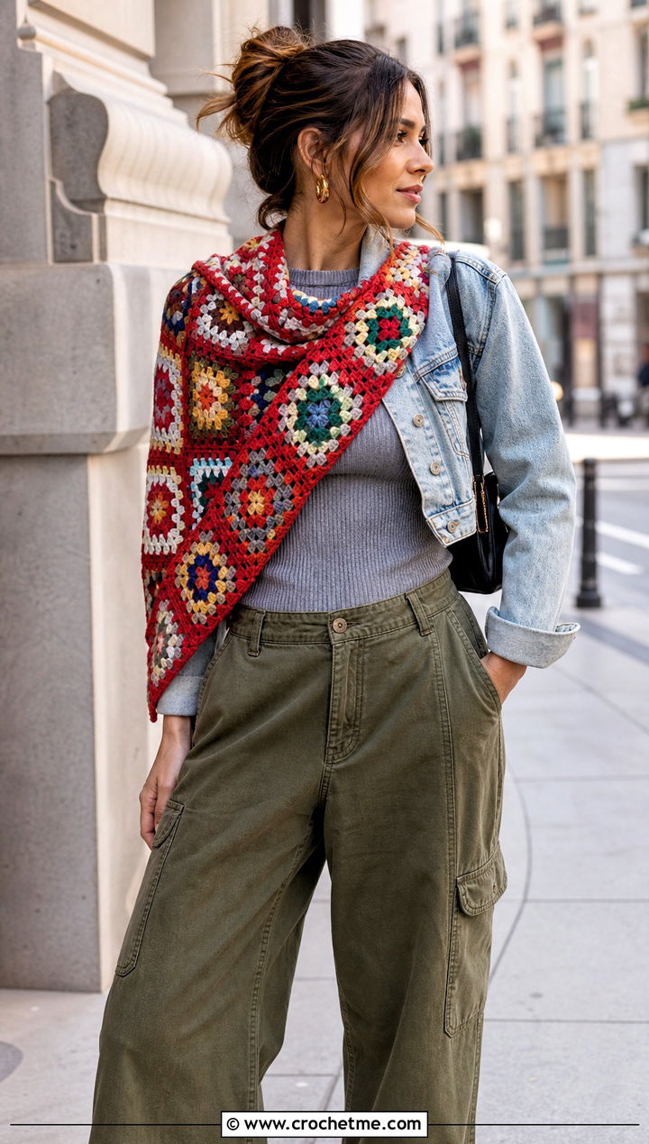 Red Granny Square Shawl With Cargo Pants - 15 Red Crocheted Shawl On Hanger outfit ideas
