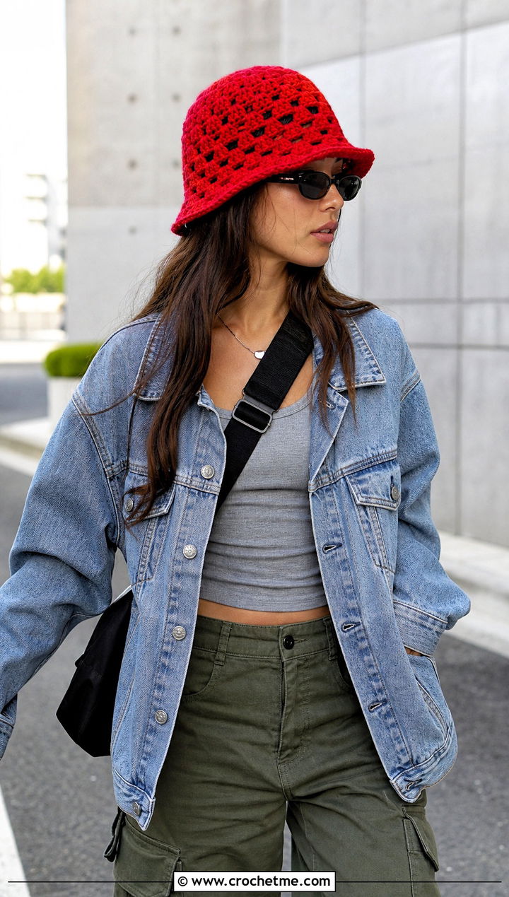 Red Granny Stitch Crochet Bucket Hat With Denim Jacket And Cargo Pants - 30 red crochet bucket hat outfit ideas