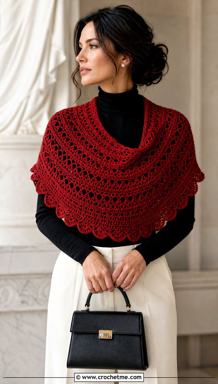 Red Half Circle Crochet Shawl With Wide Leg Trousers - 15 Red Crocheted Shawl On Hanger outfit ideas