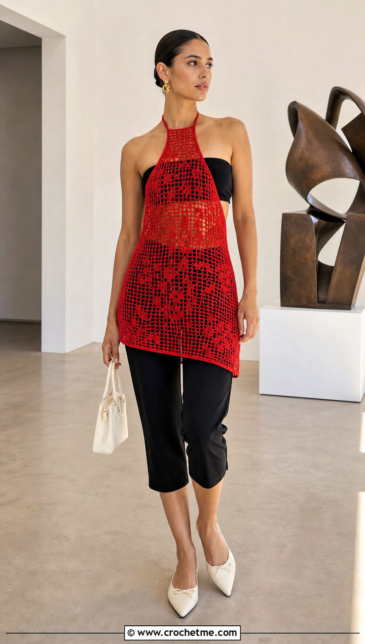 Red Halter Crochet Cover Up With Capri Pants - 25 red crochet cover up outfit ideas