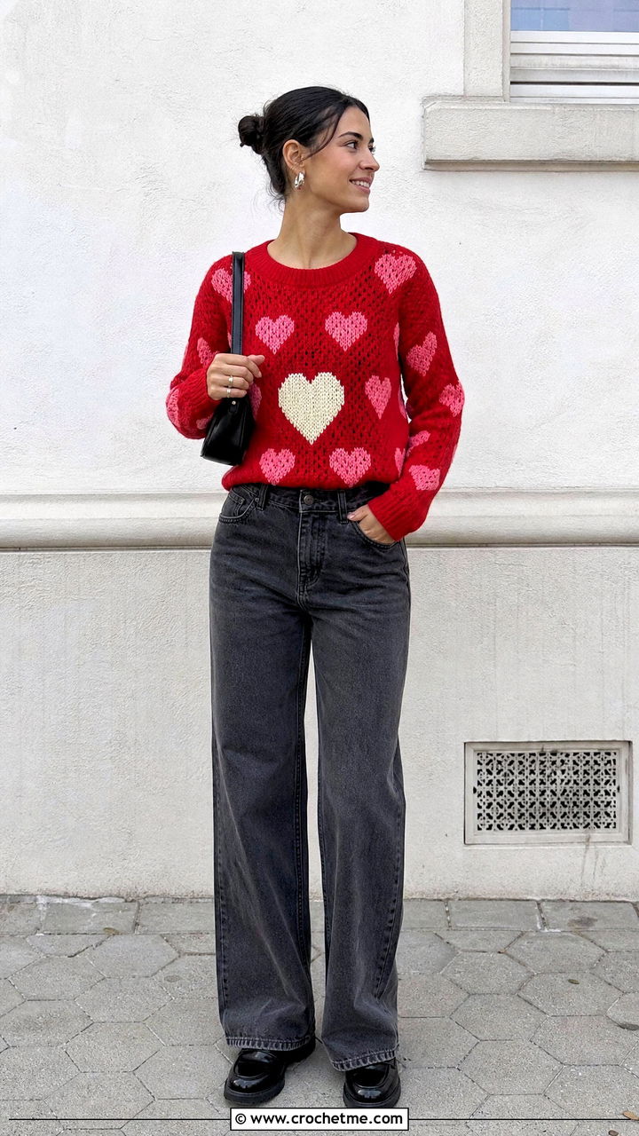 Red Heart Motif Crochet Sweater With Gray Jeans - 35 red crochet sweater outfit ideas