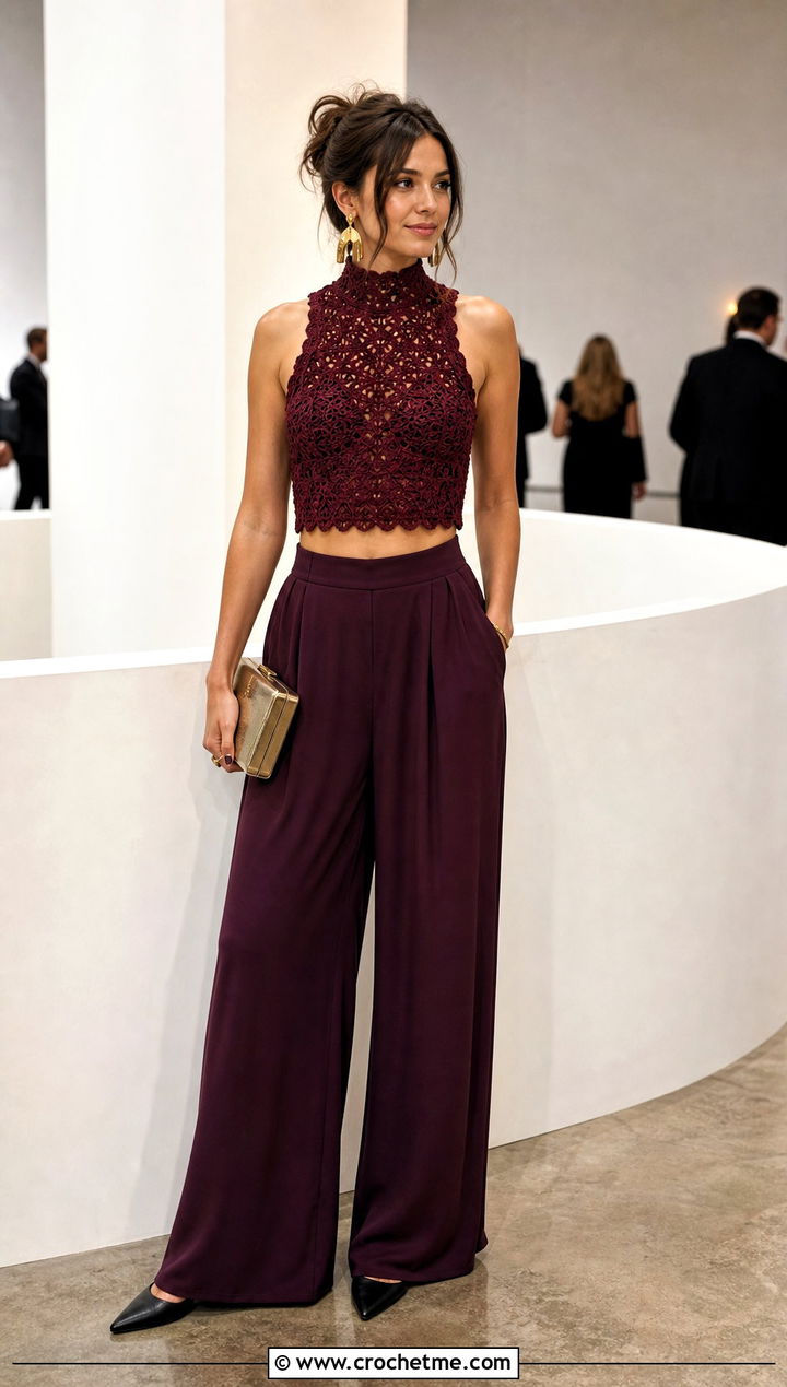 Red High Neck Crochet Crop Top With Palazzo Pants - 25 Red Crochet Crop Top outfit ideas