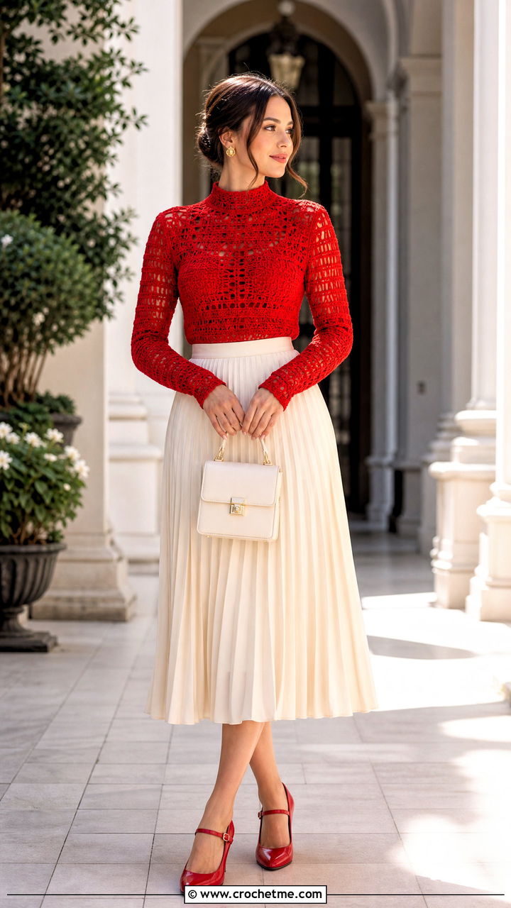 Red High Neck Crochet Top With Pleated Skirt - 35 Red Crochet Top outfit ideas