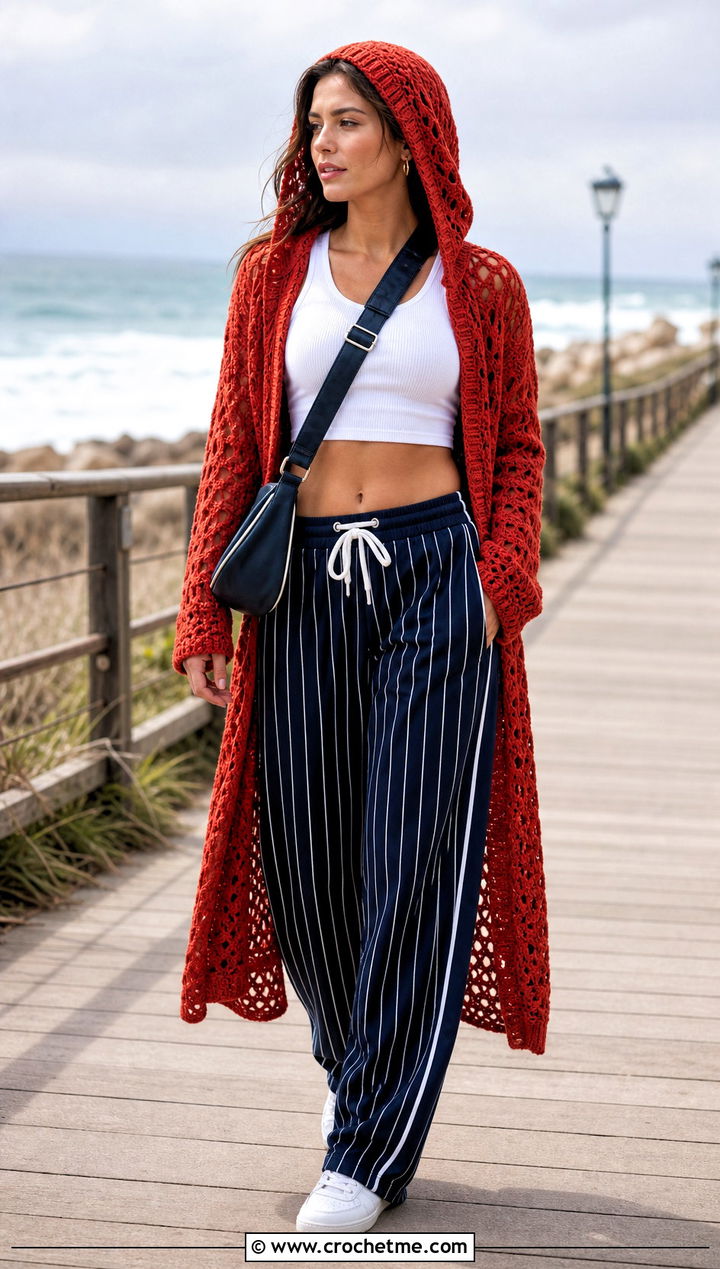 Red Hooded Crochet Cover Up With Track Pants - 25 red crochet cover up outfit ideas