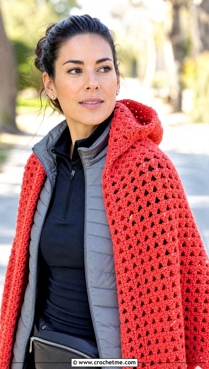 Red Hooded Crochet Shawl With Black Leggings - 15 red crochet shawl outfit ideas