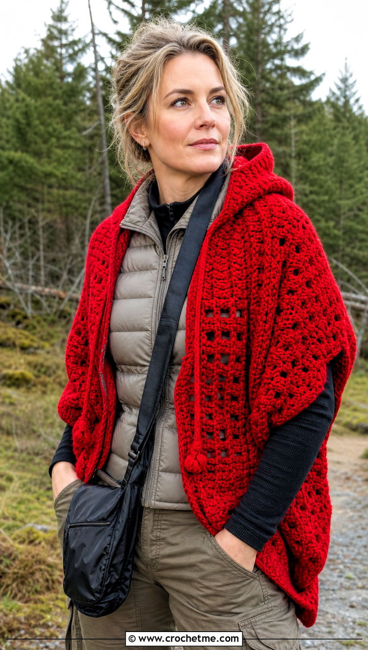 Red Hooded Crochet Shawl With Utility Pants - 15 Red Crocheted Shawl On Hanger outfit ideas