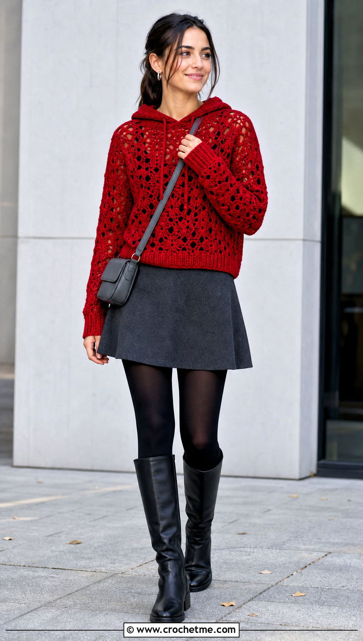 Red Hooded Crochet Sweater With Mini Skirt - 15 Red Crochet Sweater On Hanger outfit ideas