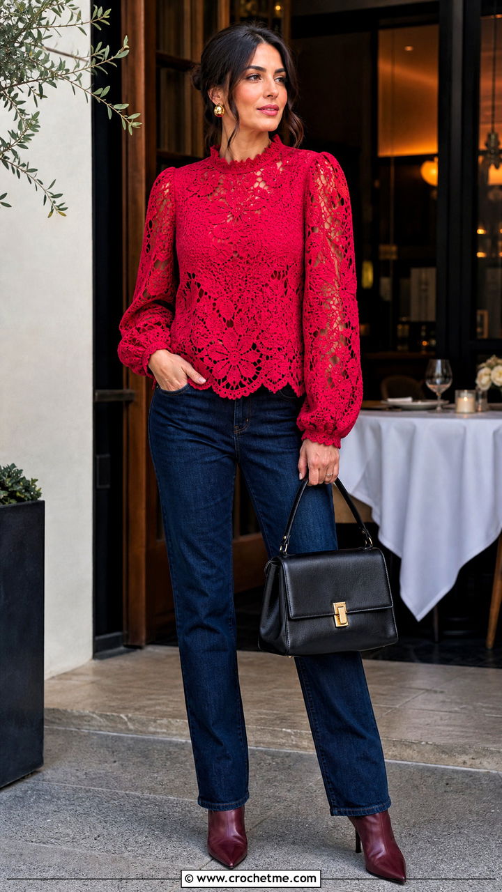 Red Lace Crochet Blouse With Dark Jeans - 35 Red Crochet Top outfit ideas