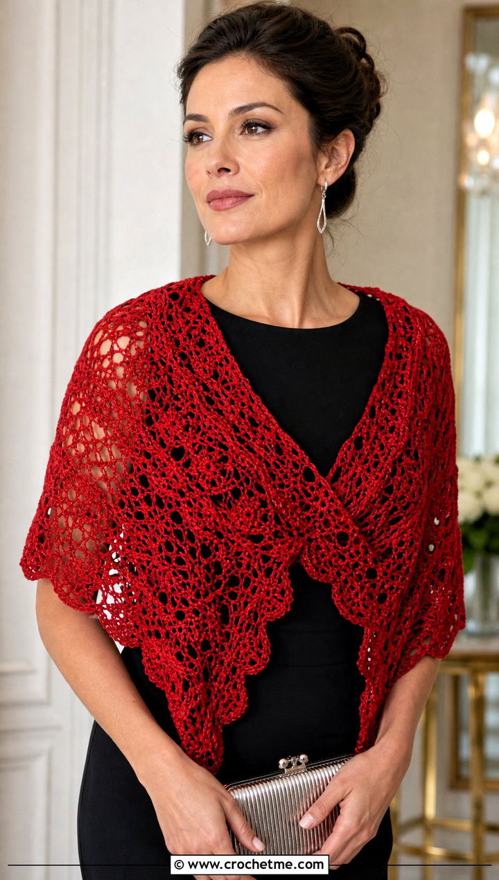 Red Lace Crochet Shawl With A Black Column Dress - 15 red crochet shawl outfit ideas