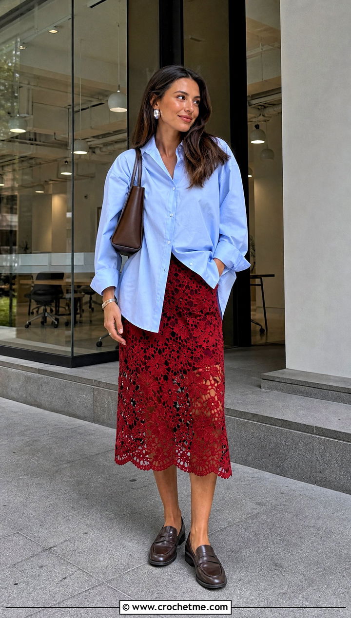Red Lace Midi Crochet Skirt With Oversized Shirt - 15 red crochet skirt outfit ideas