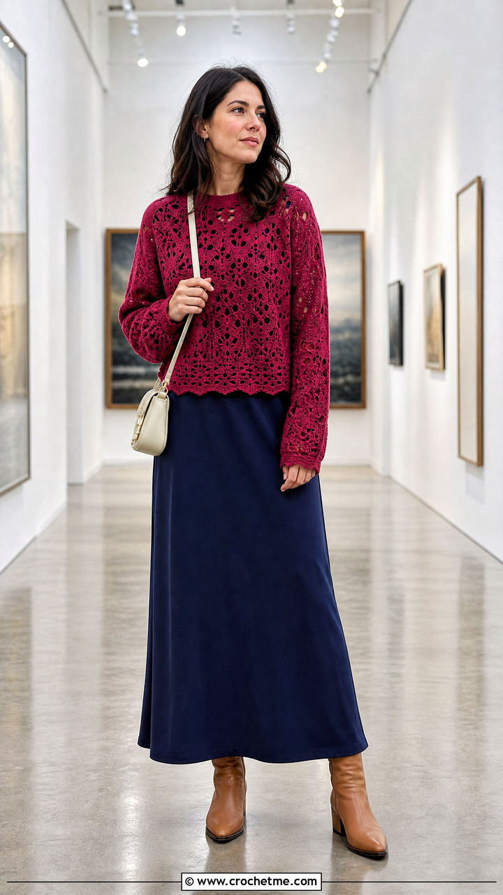 Red Lace Stitch Crochet Sweater Over A Maxi Dress - 35 red crochet sweater outfit ideas