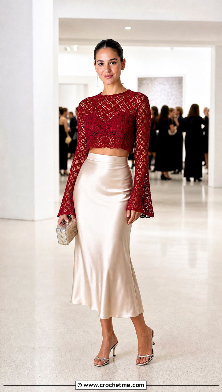 Red Long Sleeve Crochet Crop Top With Satin Skirt - 25 Red Crochet Crop Top outfit ideas